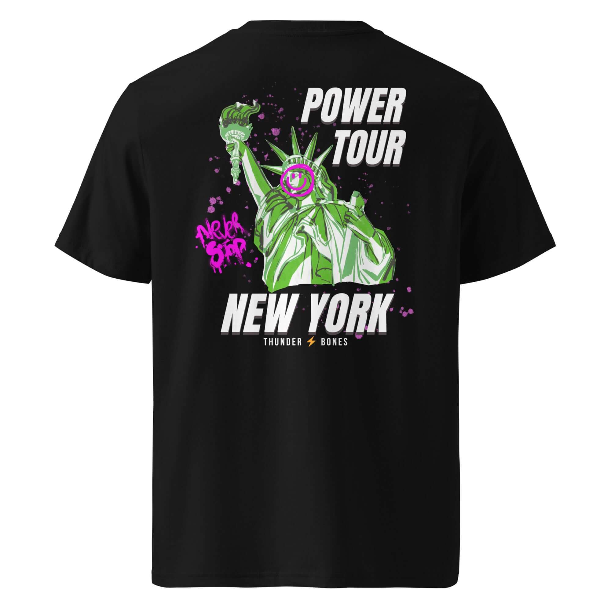 New York power tour unisex t-shirt featuring a vintage-style graphic of the Statue of Liberty by Thunder Bones.